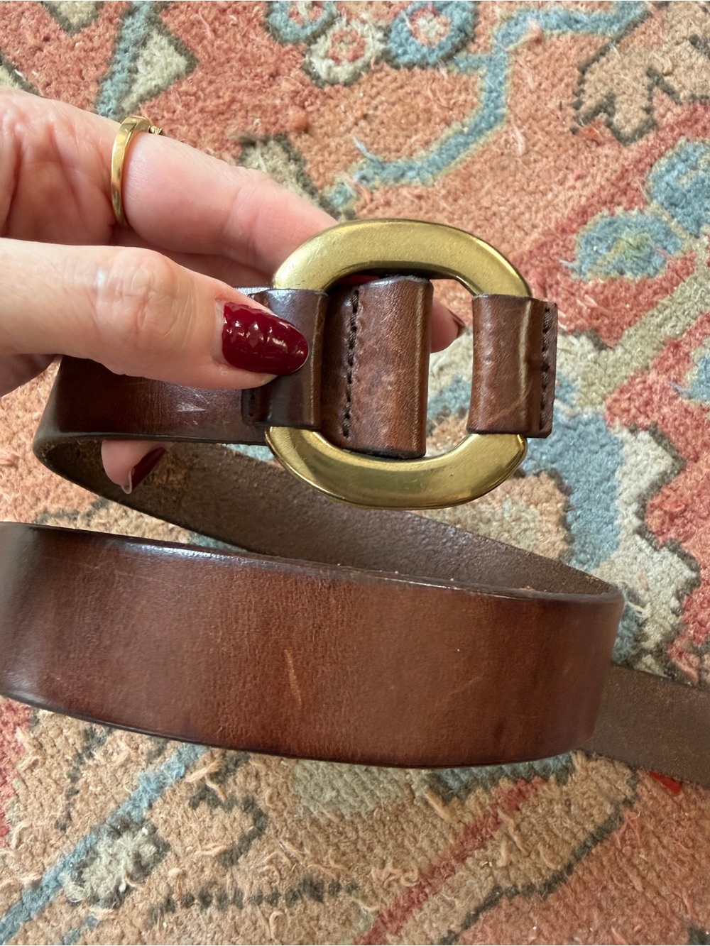Vintage Brown Leather Belt with Brass Ring Buckle